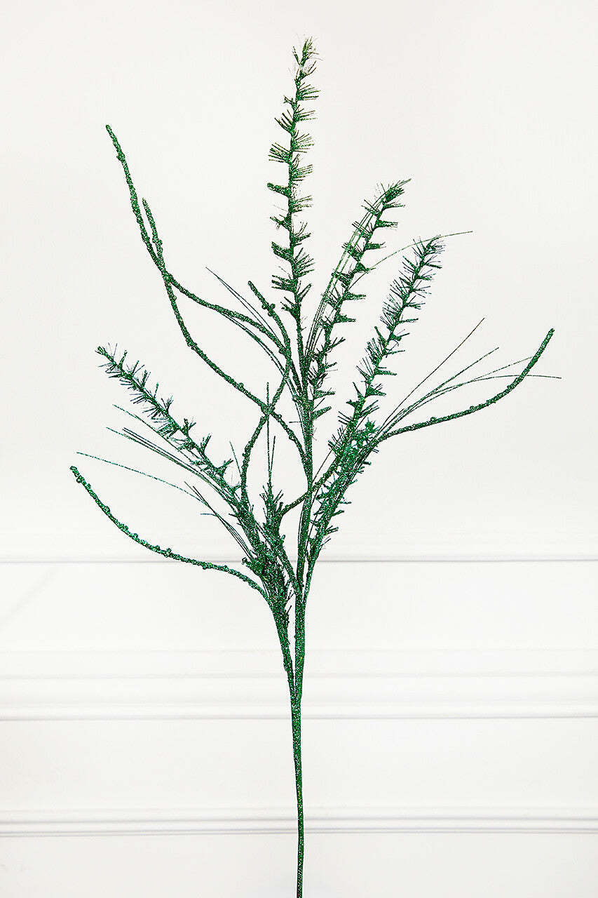 35 Inch Glitter Mica Mini Leaf Grass Spray Green