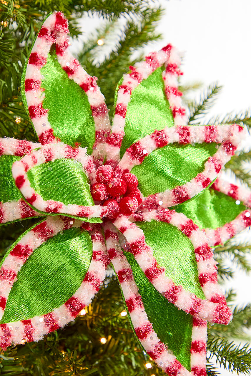 22" Green Peppermint Trim Poinsettia Stem