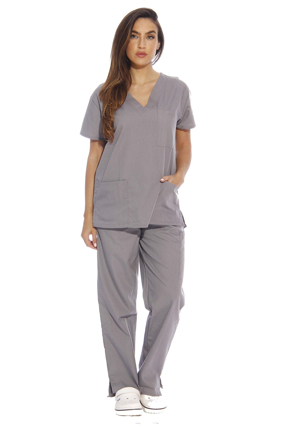 Grey Scrubs Set - V-Neck Medical Uniform Fabric, Grey, Top And Bottom With Pockets (1 Set)