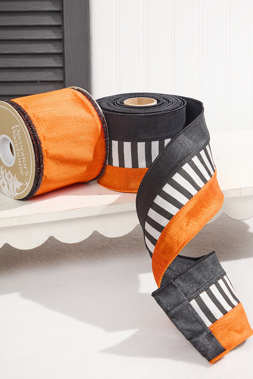 4" x 10 Yard Orange Dupioni with Black Tinsel Edge Ribbon