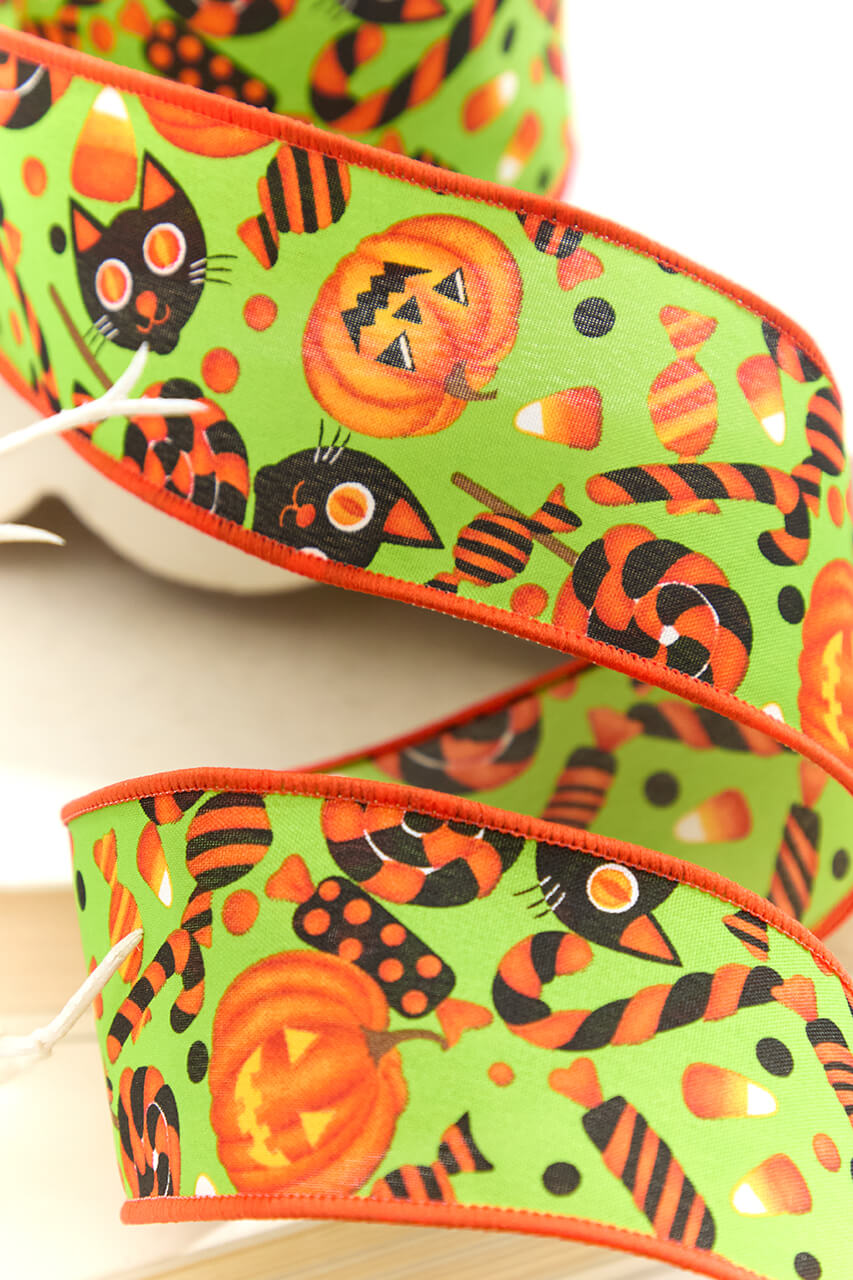 2.5" x 10 Yard Green & Orange Pumpkin, Cat & Candy Halloween Ribbon