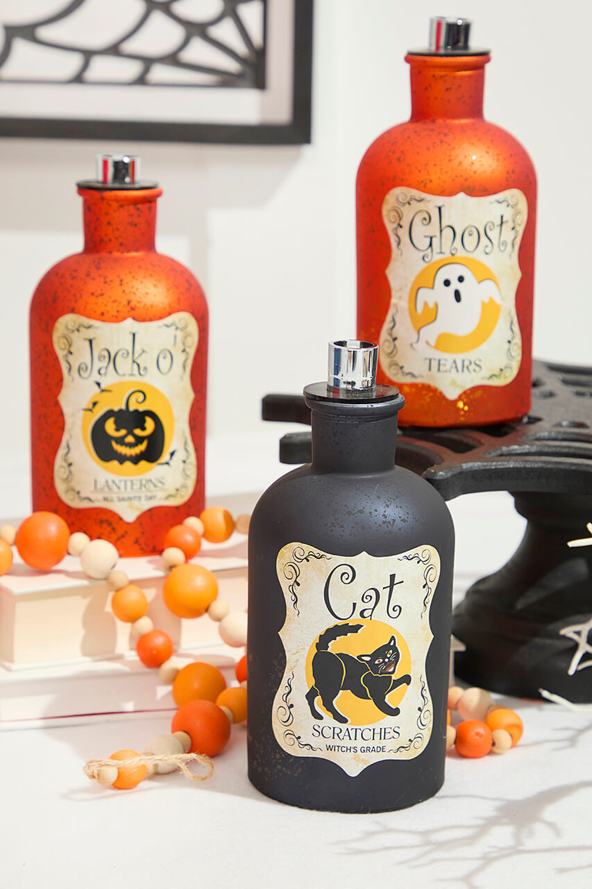 7"H B/O Lighted Glass Halloween Bottle Luminary