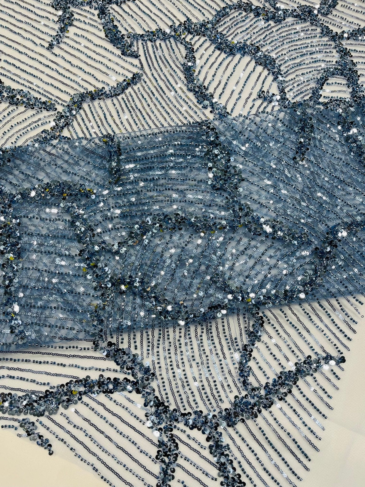 Heavy Beaded Leaf Design Mesh Lace Fabric - Beaded Leaf Pattern, 54" Width (1 Yard)