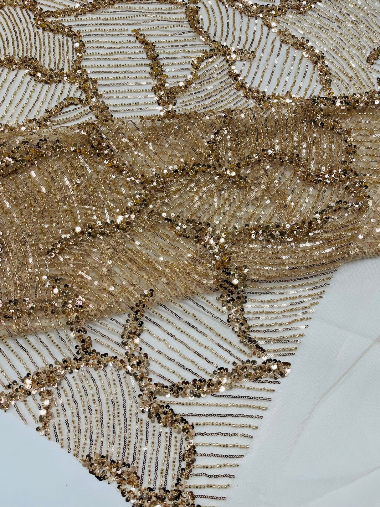 Heavy Beaded Leaf Design Mesh Lace Fabric - Beaded Leaf Pattern, 54" Width (1 Yard)