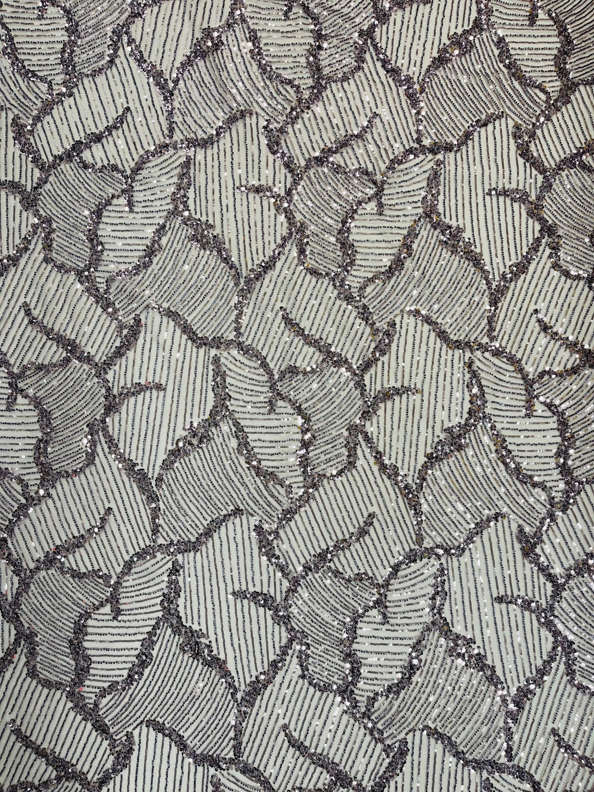 Heavy Beaded Leaf Design Mesh Lace Fabric - Beaded Leaf Pattern, 54" Width (1 Yard)