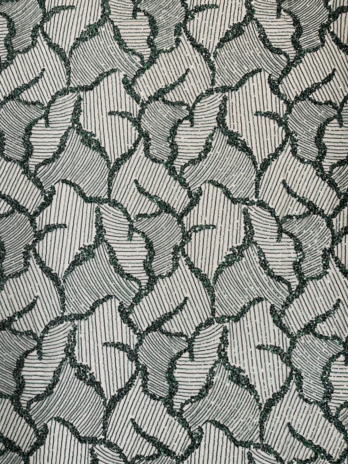 Heavy Beaded Leaf Design Mesh Lace Fabric - Beaded Leaf Pattern, 54" Width (1 Yard)