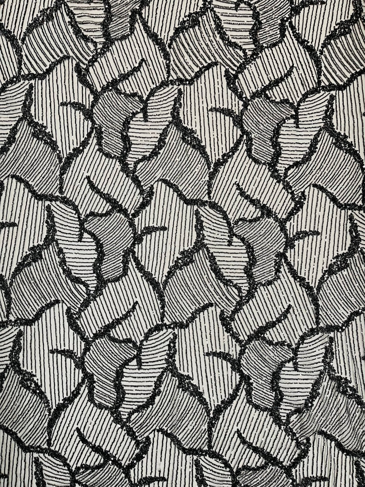 Heavy Beaded Leaf Design Mesh Lace Fabric - Beaded Leaf Pattern, 54" Width (1 Yard)