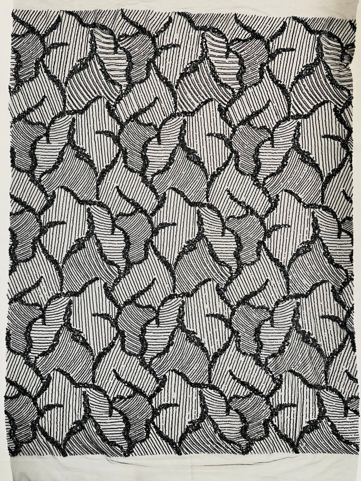 Heavy Beaded Leaf Design Mesh Lace Fabric - Beaded Leaf Pattern, 54" Width (1 Yard)