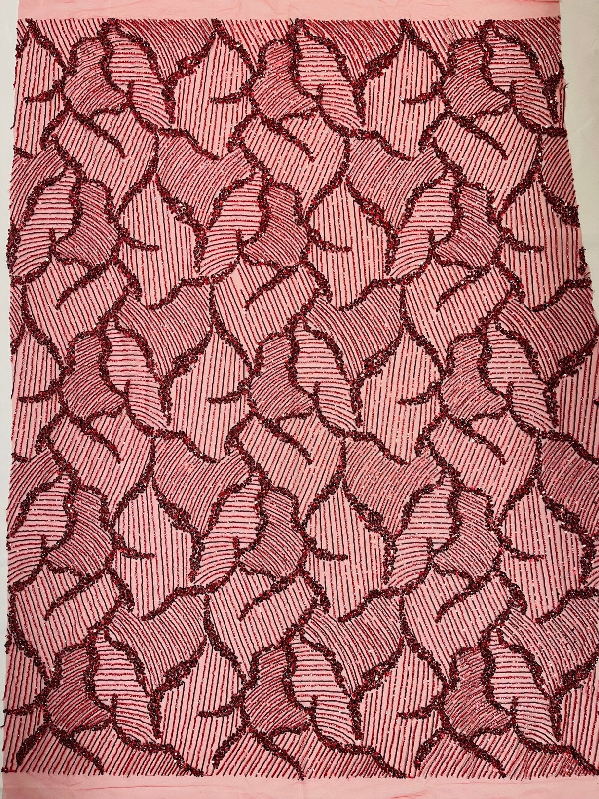 Heavy Beaded Leaf Design Mesh Lace Fabric - Beaded Leaf Pattern, 54" Width (1 Yard)