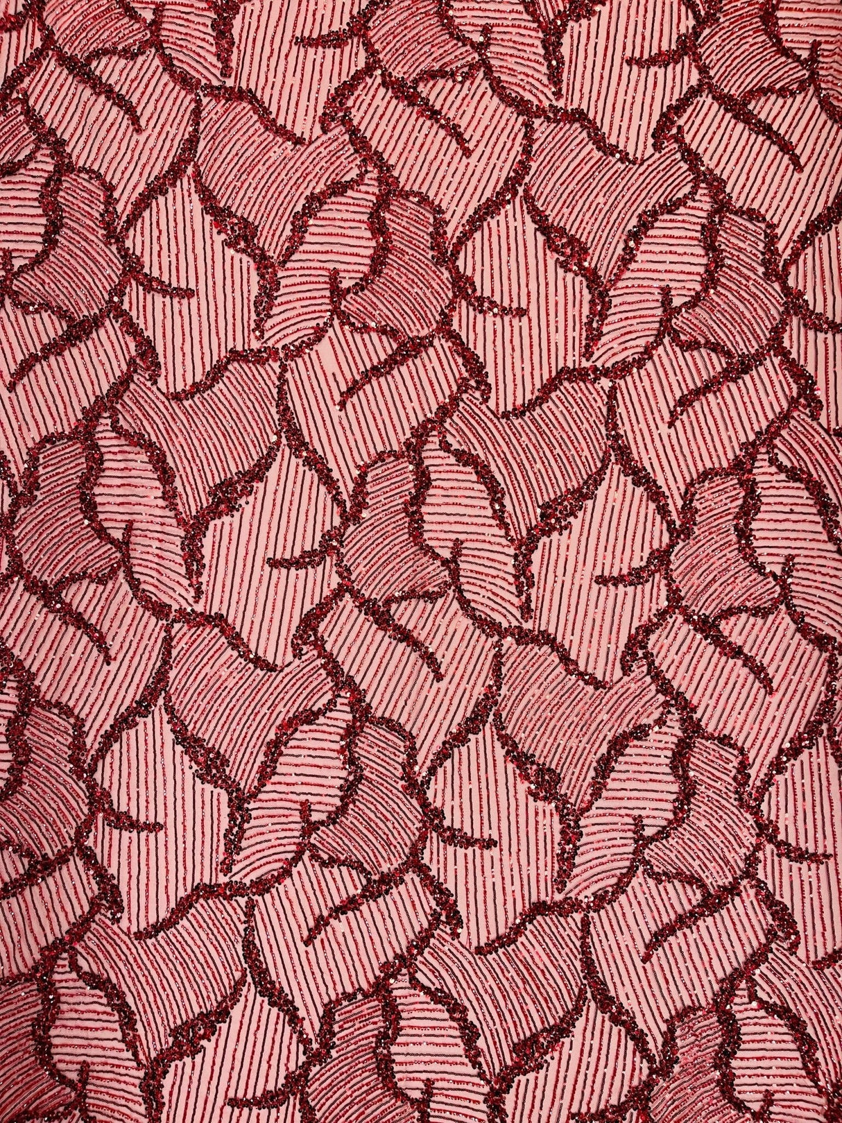 Heavy Beaded Leaf Design Mesh Lace Fabric - Beaded Leaf Pattern, 54" Width (1 Yard)