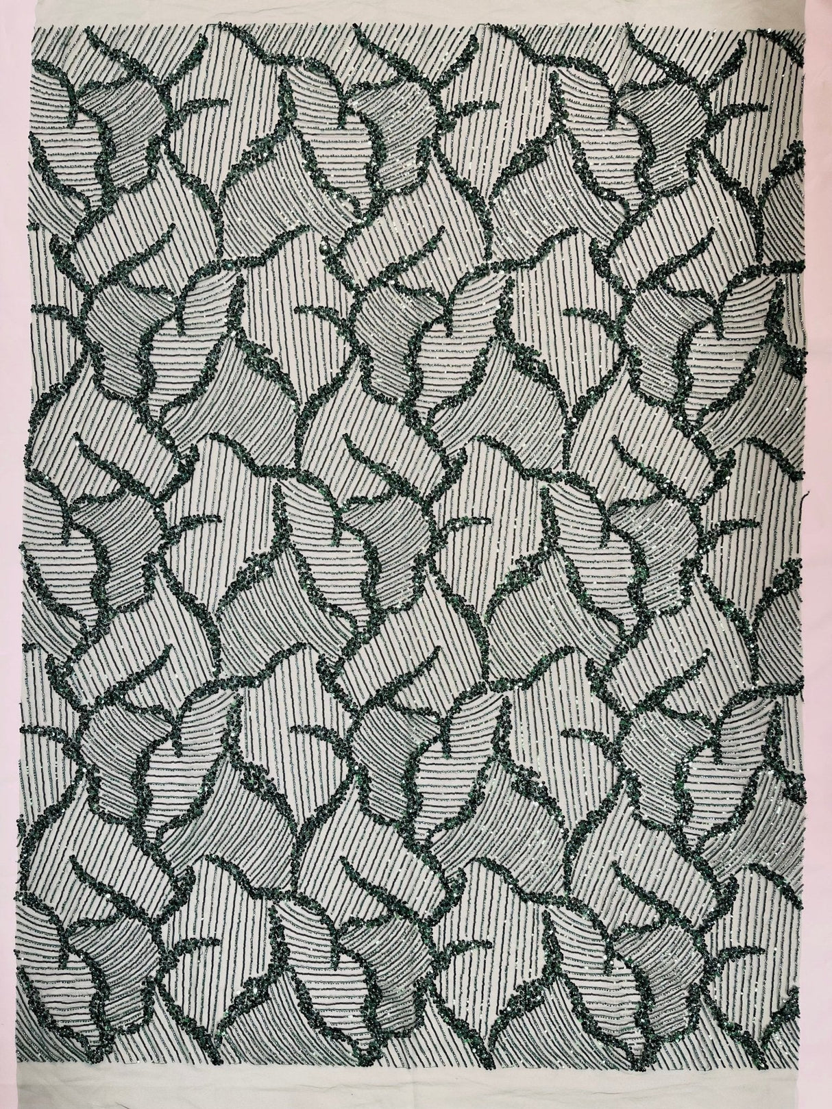 Heavy Beaded Leaf Design Mesh Lace Fabric - Beaded Leaf Pattern, 54" Width (1 Yard)