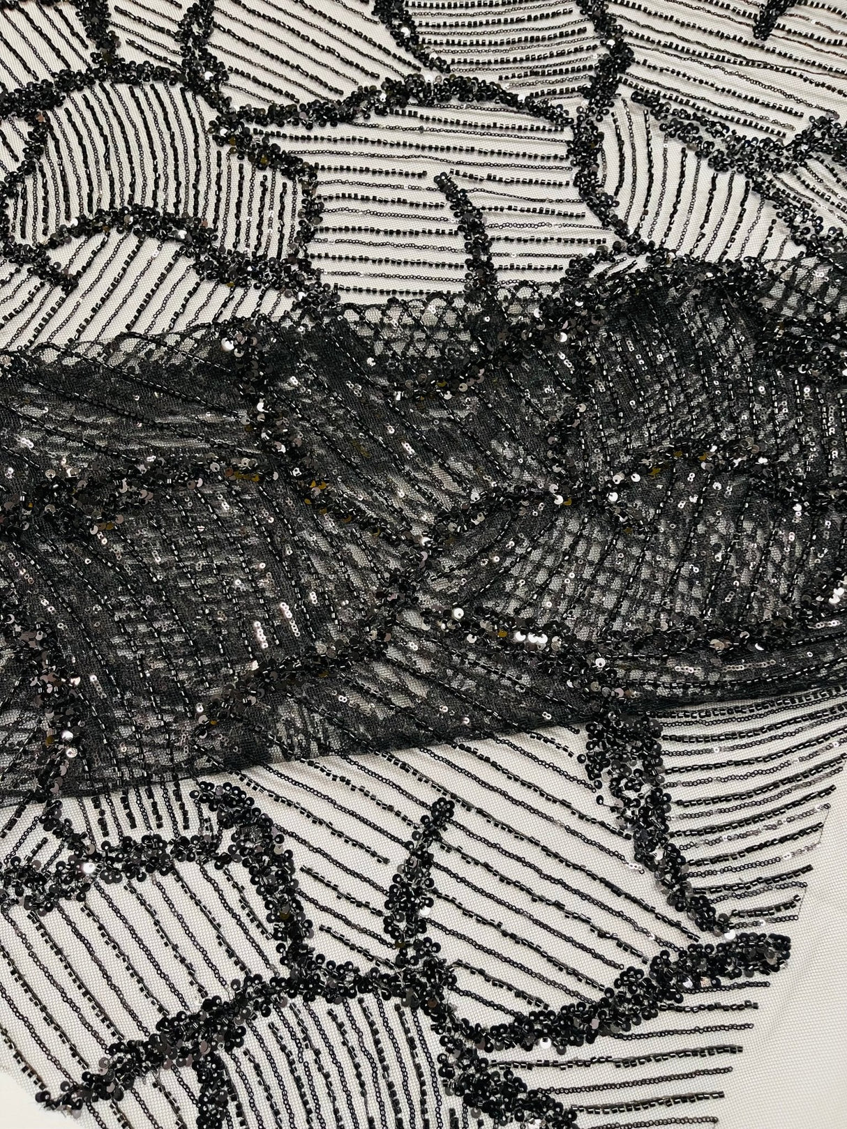 Heavy Beaded Leaf Design Mesh Lace Fabric - Beaded Leaf Pattern, 54" Width (1 Yard)