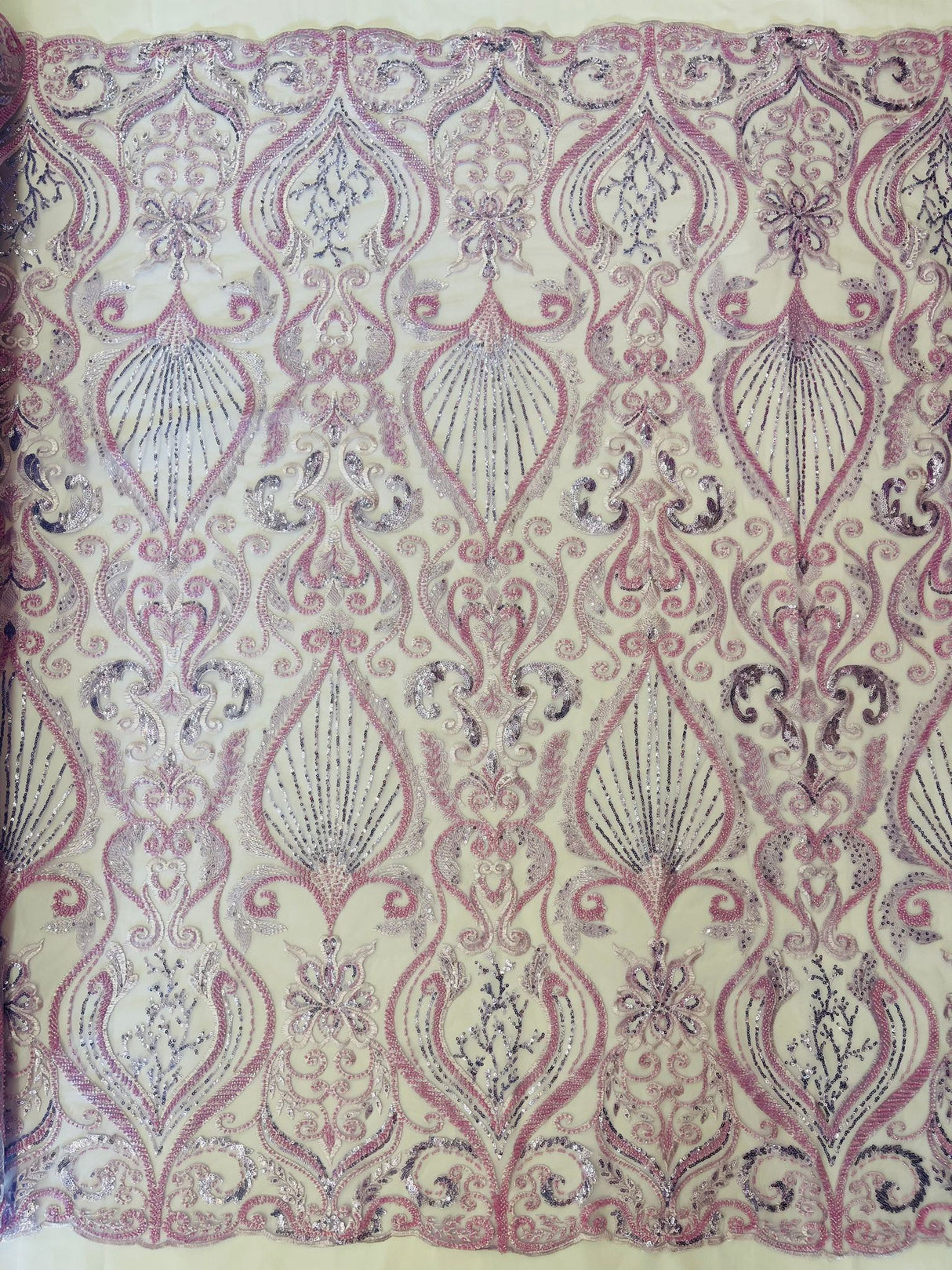 Heavy Damask Beaded Lace Polyester Fabric - Beaded Damask Floral Lace, 50-54" Width (1 Yard)