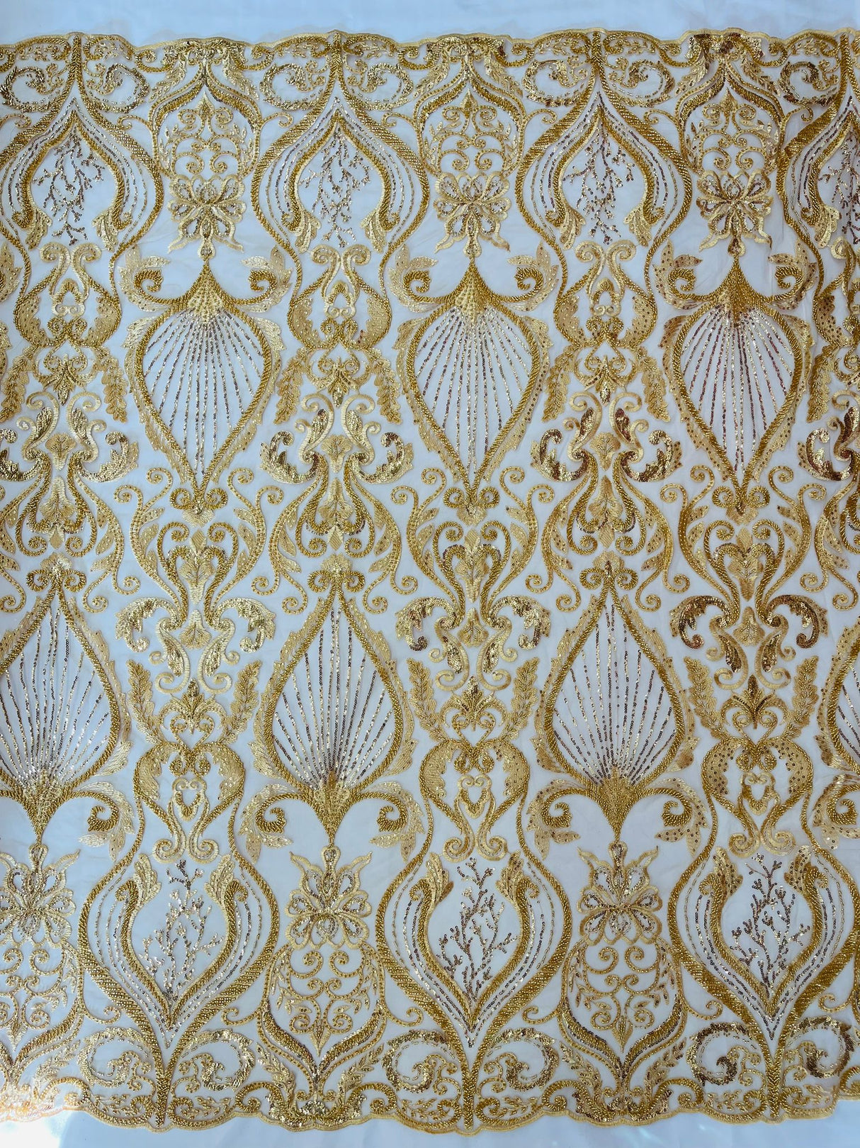 Heavy Damask Beaded Lace Polyester Fabric - Beaded Damask Floral Lace, 50-54" Width (1 Yard)