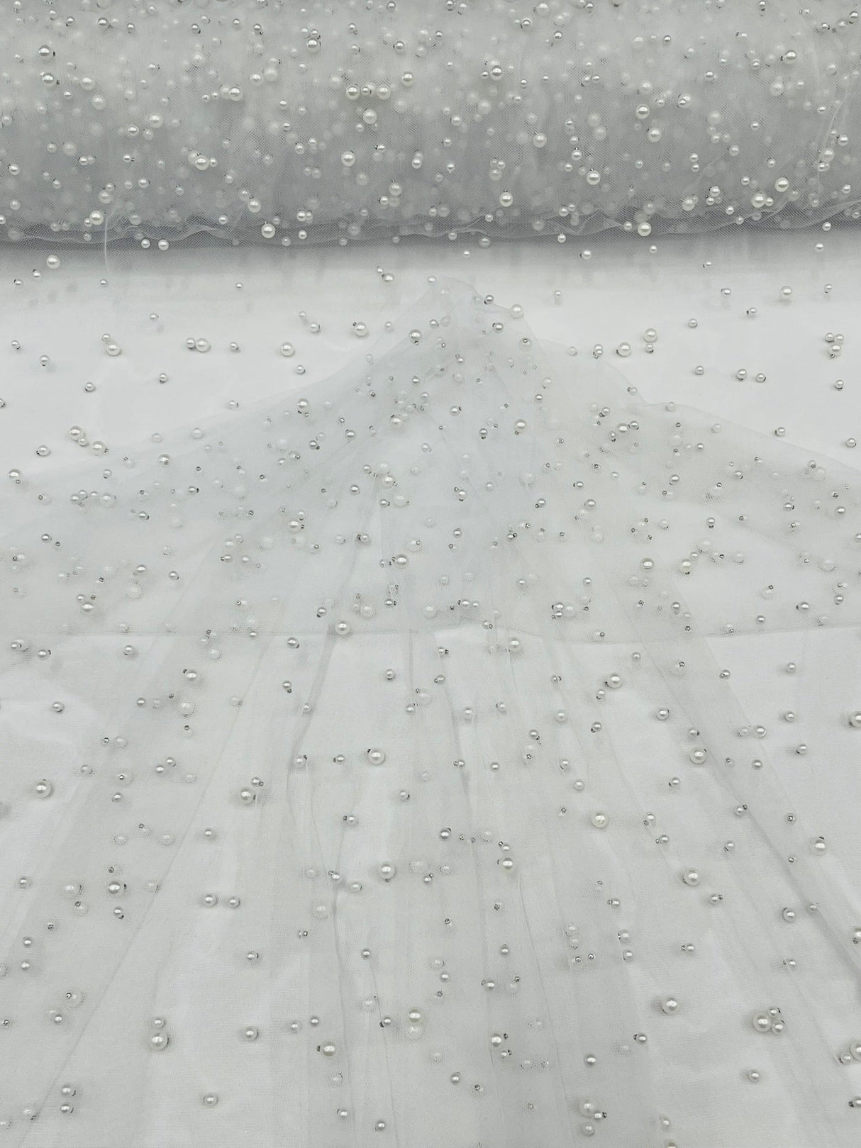 Heavy Scattered Pearls Studded Mesh Pearl Mesh Fabric - Scattered Pearls, 58" Wide (1 Yard)