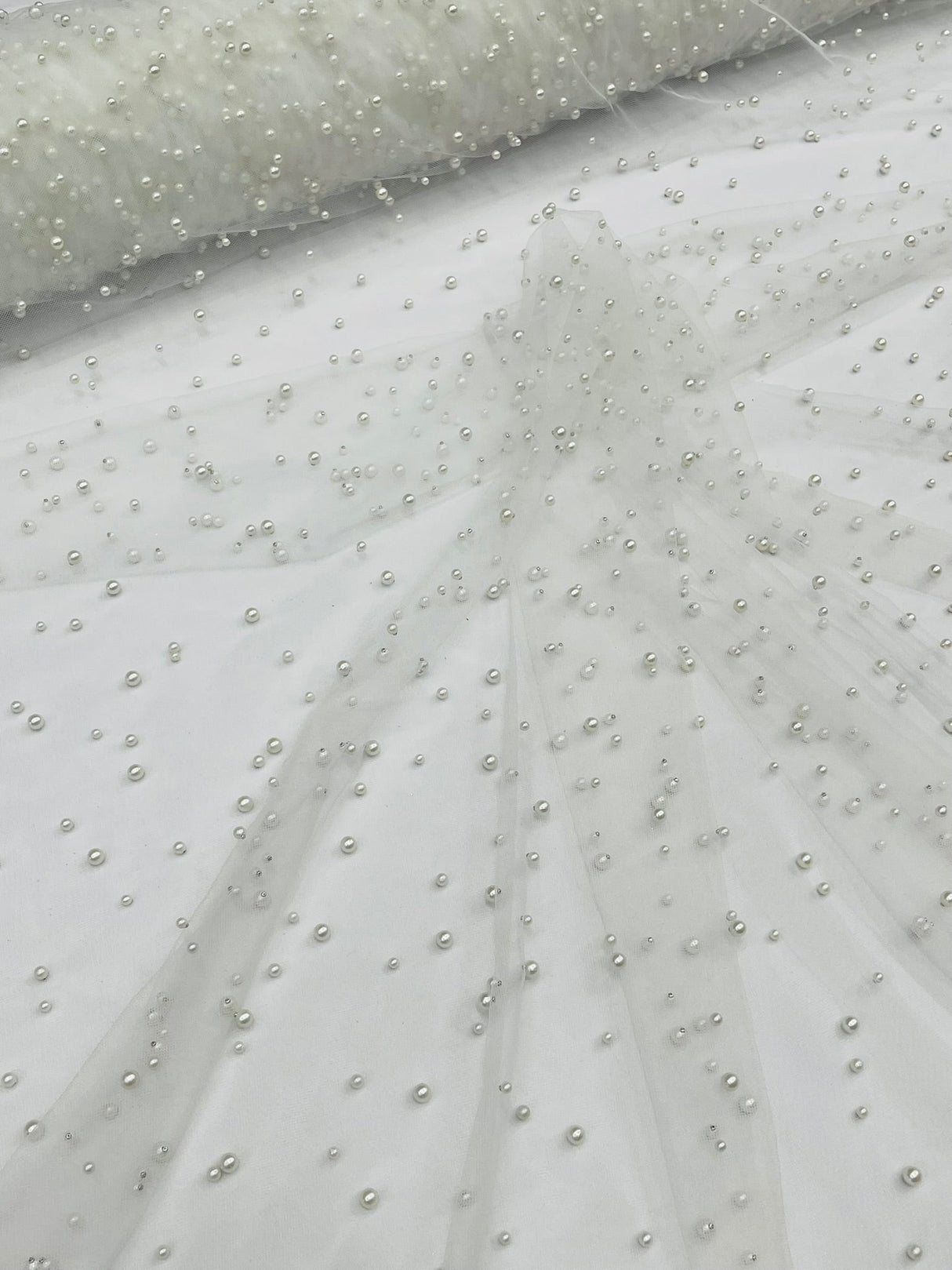 Heavy Scattered Pearls Studded Mesh Pearl Mesh Fabric - Scattered Pearls, 58" Wide (1 Yard)