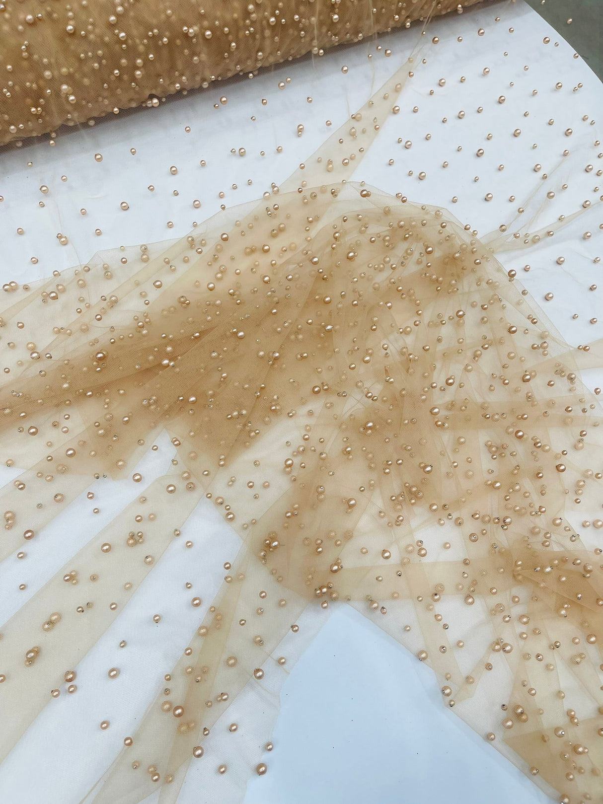 Heavy Scattered Pearls Studded Mesh Pearl Mesh Fabric - Scattered Pearls, 58" Wide (1 Yard)