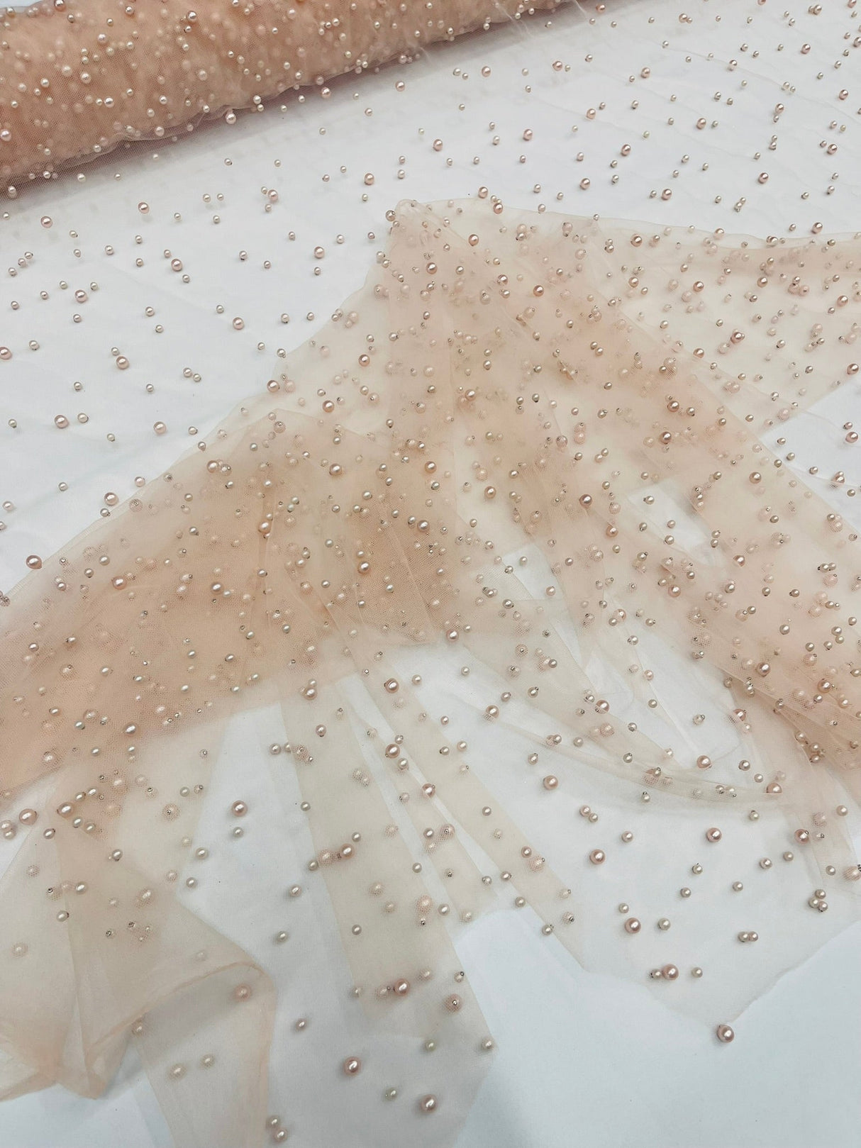Heavy Scattered Pearls Studded Mesh Pearl Mesh Fabric - Scattered Pearls, 58" Wide (1 Yard)