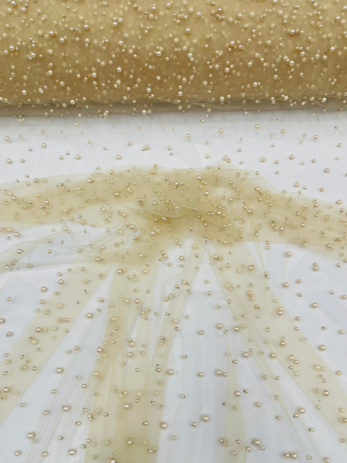 Heavy Scattered Pearls Studded Mesh Pearl Mesh Fabric - Scattered Pearls, 58" Wide (1 Yard)