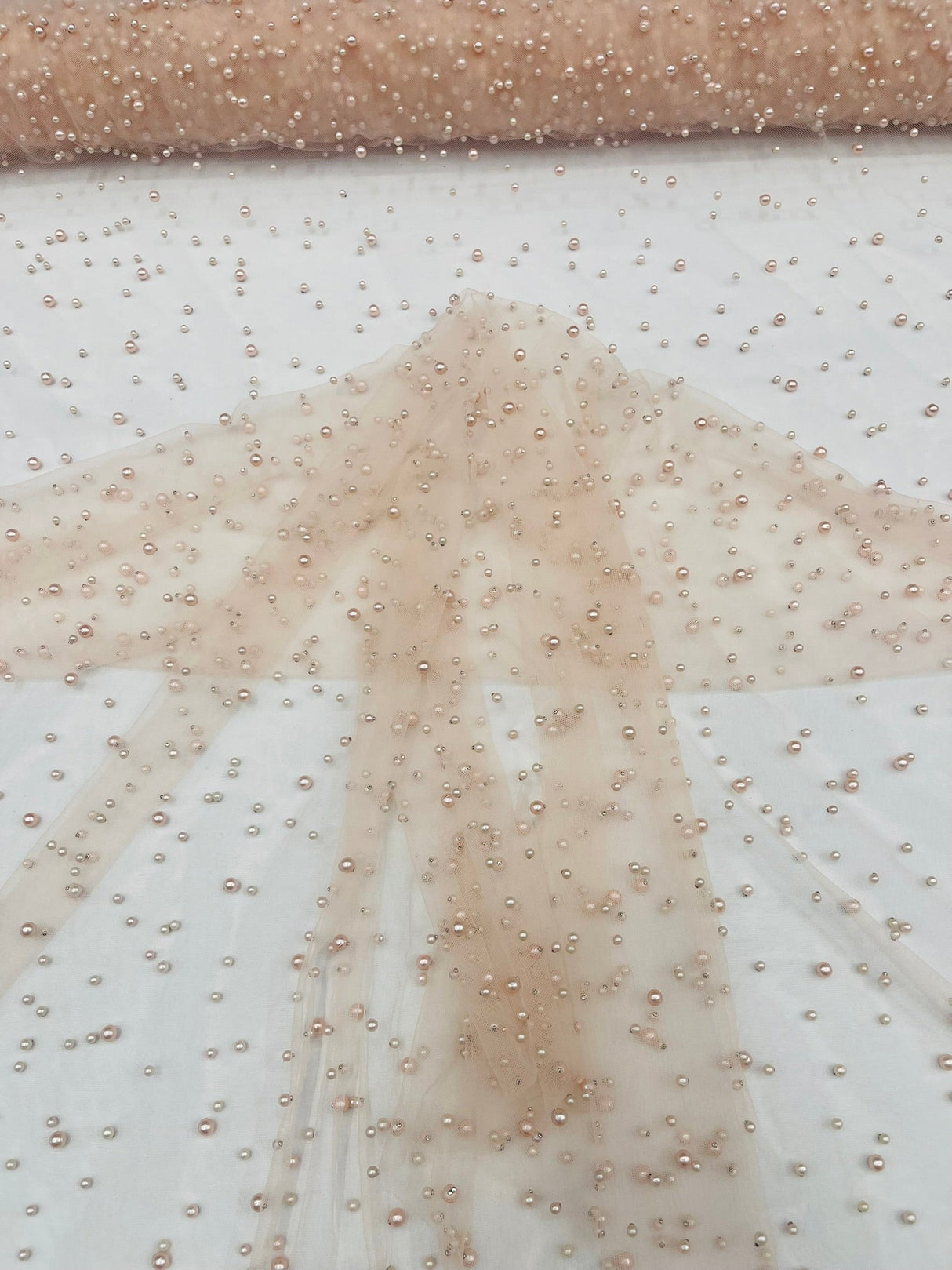 Heavy Scattered Pearls Studded Mesh Pearl Mesh Fabric - Scattered Pearls, 58" Wide (1 Yard)