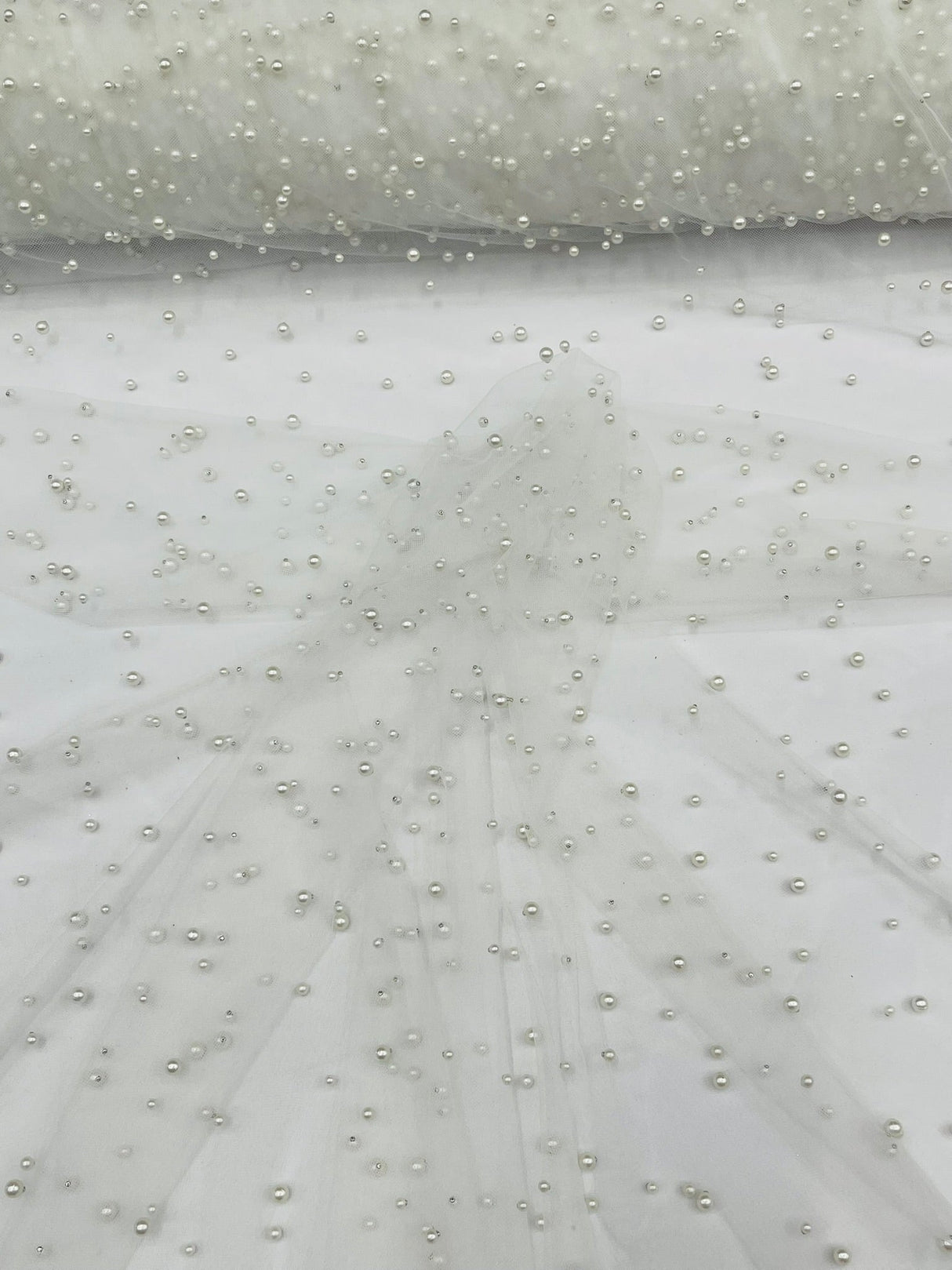 Heavy Scattered Pearls Studded Mesh Pearl Mesh Fabric - Scattered Pearls, 58" Wide (1 Yard)