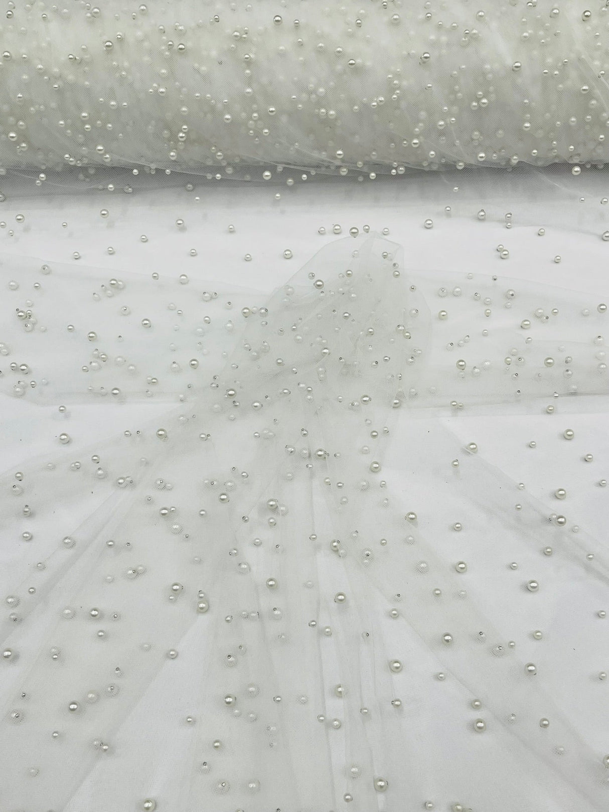 Heavy Scattered Pearls Studded Mesh Pearl Mesh Fabric - Scattered Pearls, 58" Wide (1 Yard)
