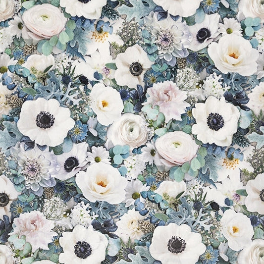 Digital Cuddle Fabric White Blooming Buds