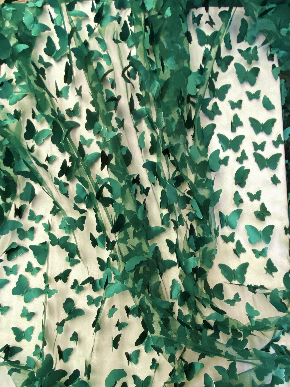 3D Butterflies Hunter Green Polyester Mesh Fabric - Light Weight Satin Butterflies, Hunter Green, 54" Width (1 Yard)