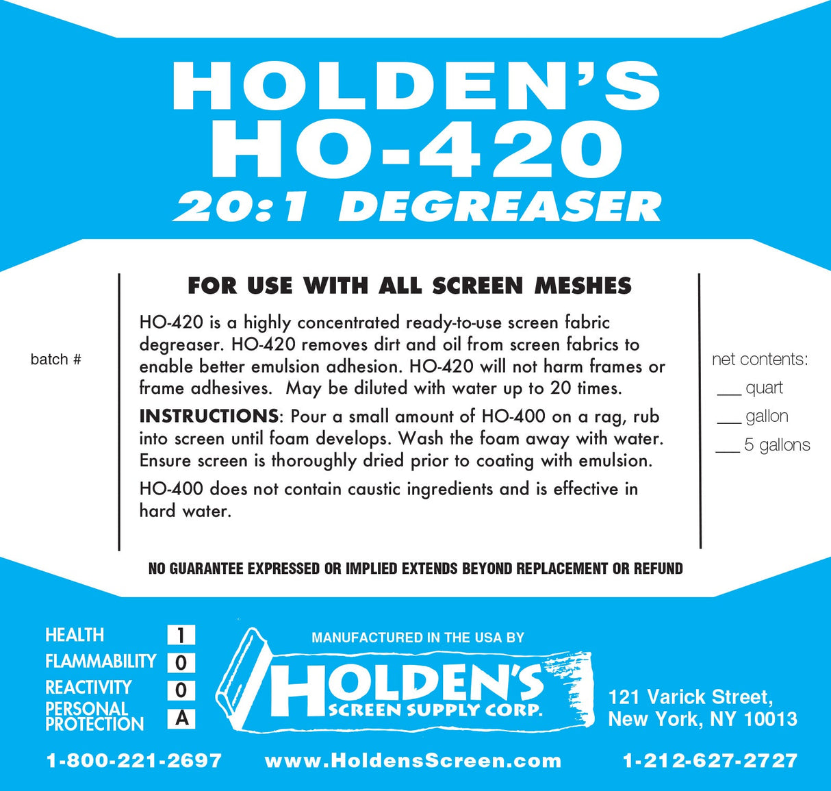 HO-400 Degreaser Wetting Agent - Screen Printing, Improved Film Adhesion, 20:1 Formula (Quart)