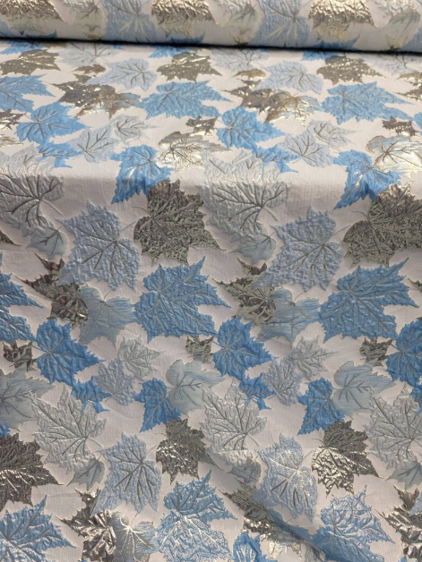 Brocade Sky Blue Silver Maple Leaf Fabric