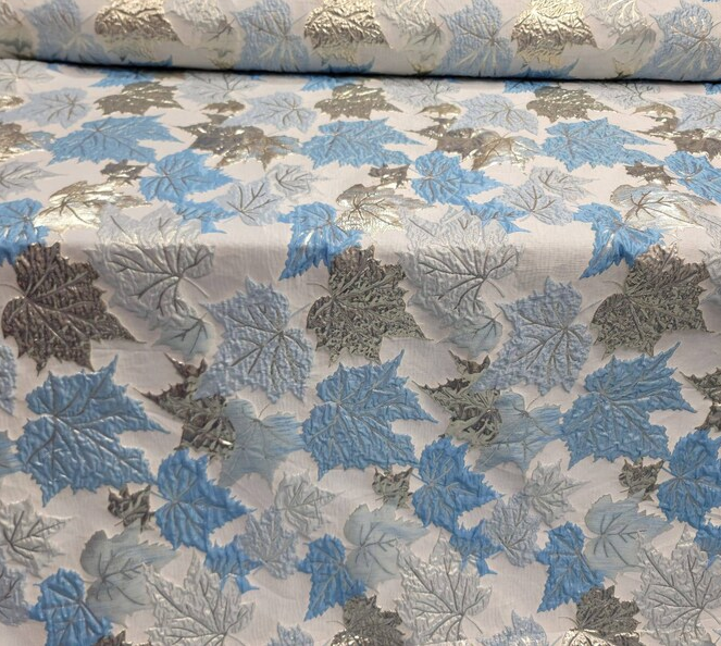 Brocade Sky Blue Silver Maple Leaf Fabric