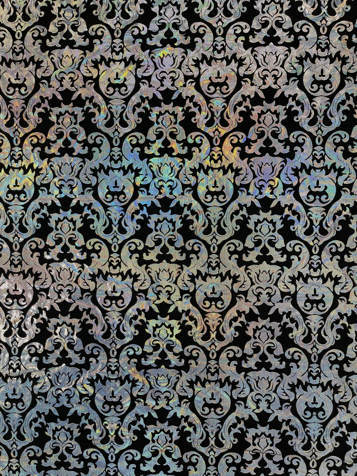 Holographic Damask Nylon Spandex Fabric - Gold/Black, Red/Black, Silver/Black, Fuchsia/Black, Turquoise/Black, 58/60" Width (1 Yard)