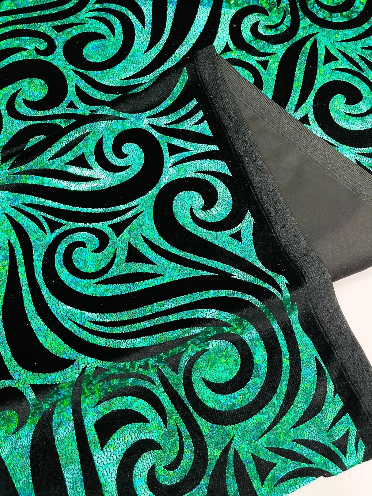 Holographic Foil Tribal Flame Design Stretch Velvet Fabric - Silver/White Tribal Flame Print, 58" Width (1 Yard)