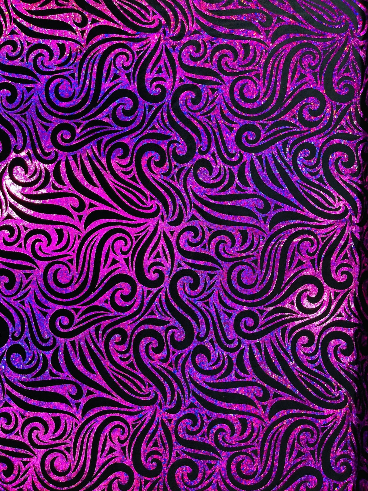 Holographic Foil Tribal Flame Design Stretch Velvet Fabric - Silver/White Tribal Flame Print, 58" Width (1 Yard)