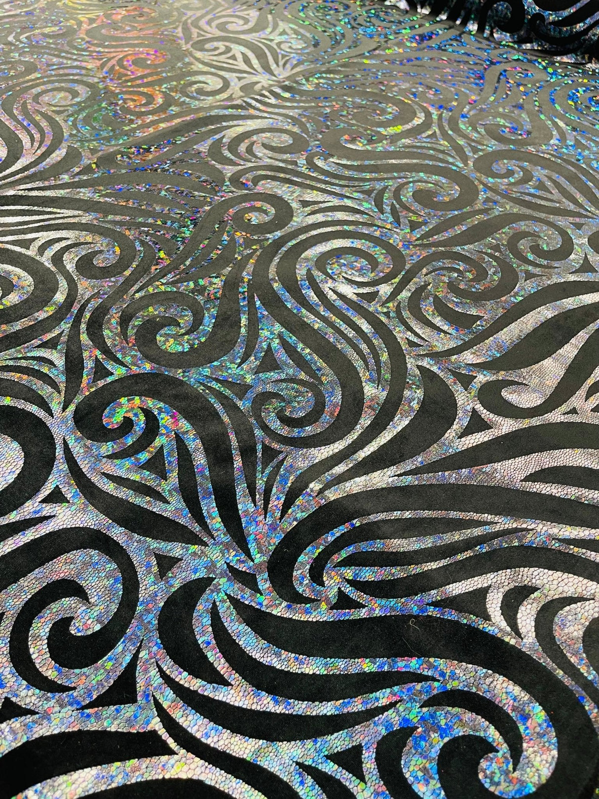 Holographic Foil Tribal Flame Design Stretch Velvet Fabric - Silver/White Tribal Flame Print, 58" Width (1 Yard)
