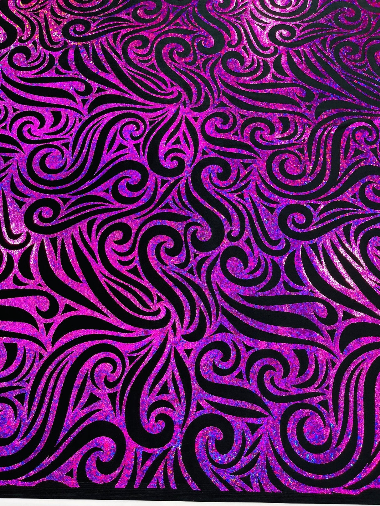 Holographic Foil Tribal Flame Design Stretch Velvet Fabric - Silver/White Tribal Flame Print, 58" Width (1 Yard)