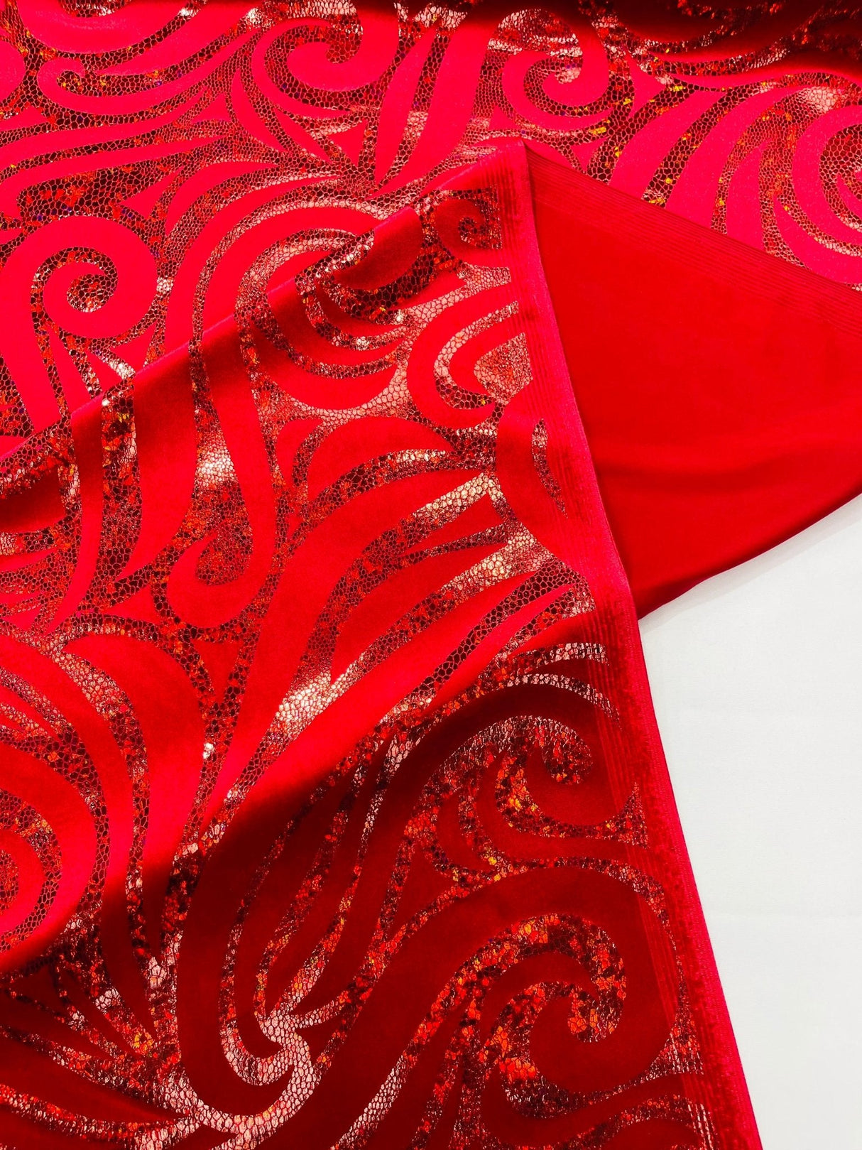 Holographic Foil Tribal Flame Design Stretch Velvet Fabric - Silver/White Tribal Flame Print, 58" Width (1 Yard)