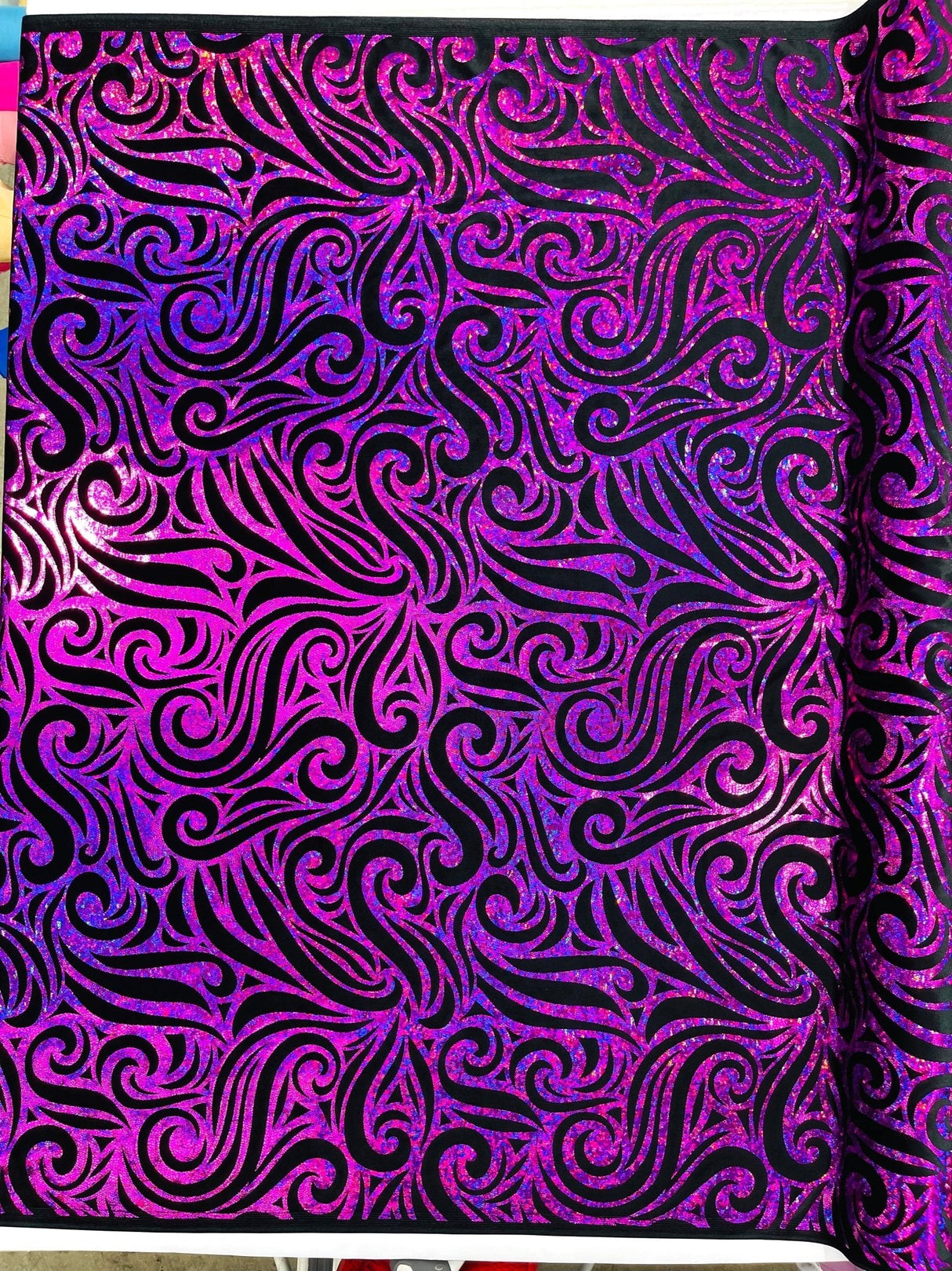 Holographic Foil Tribal Flame Design Stretch Velvet Fabric - Silver/White Tribal Flame Print, 58" Width (1 Yard)