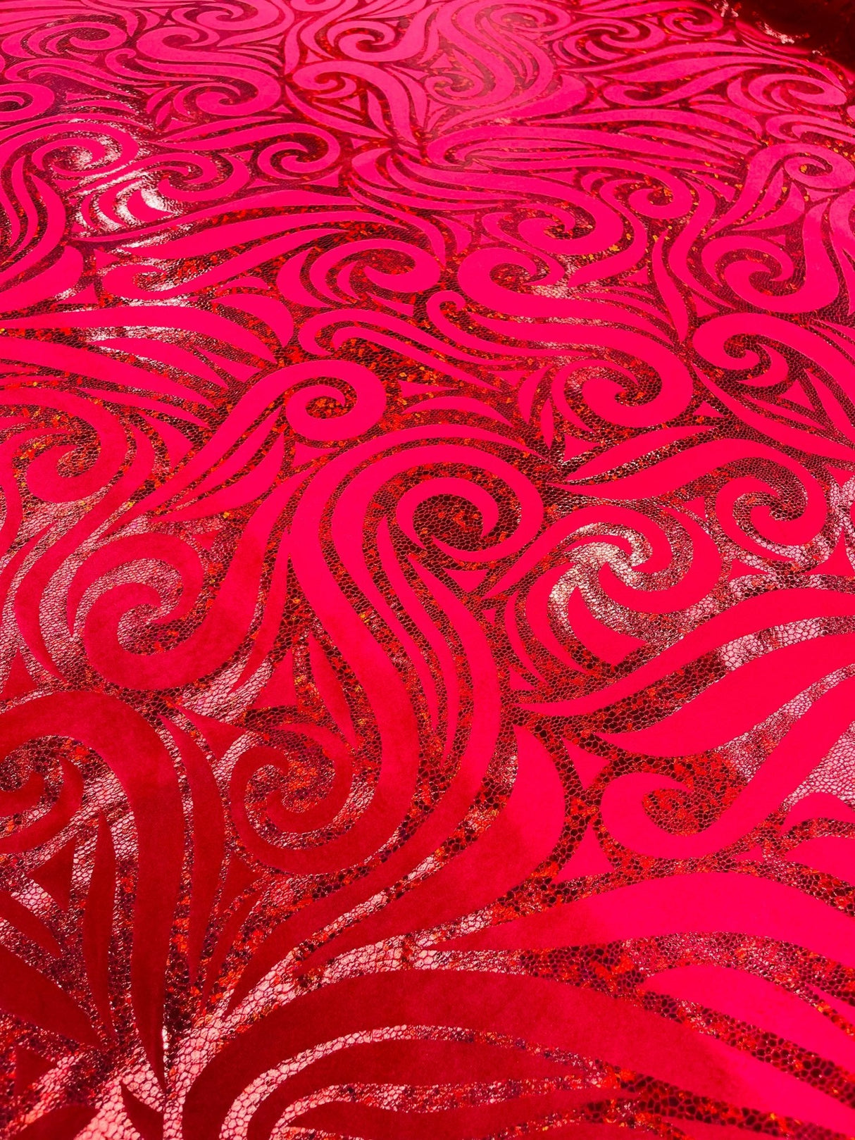 Holographic Foil Tribal Flame Design Stretch Velvet Fabric - Silver/White Tribal Flame Print, 58" Width (1 Yard)