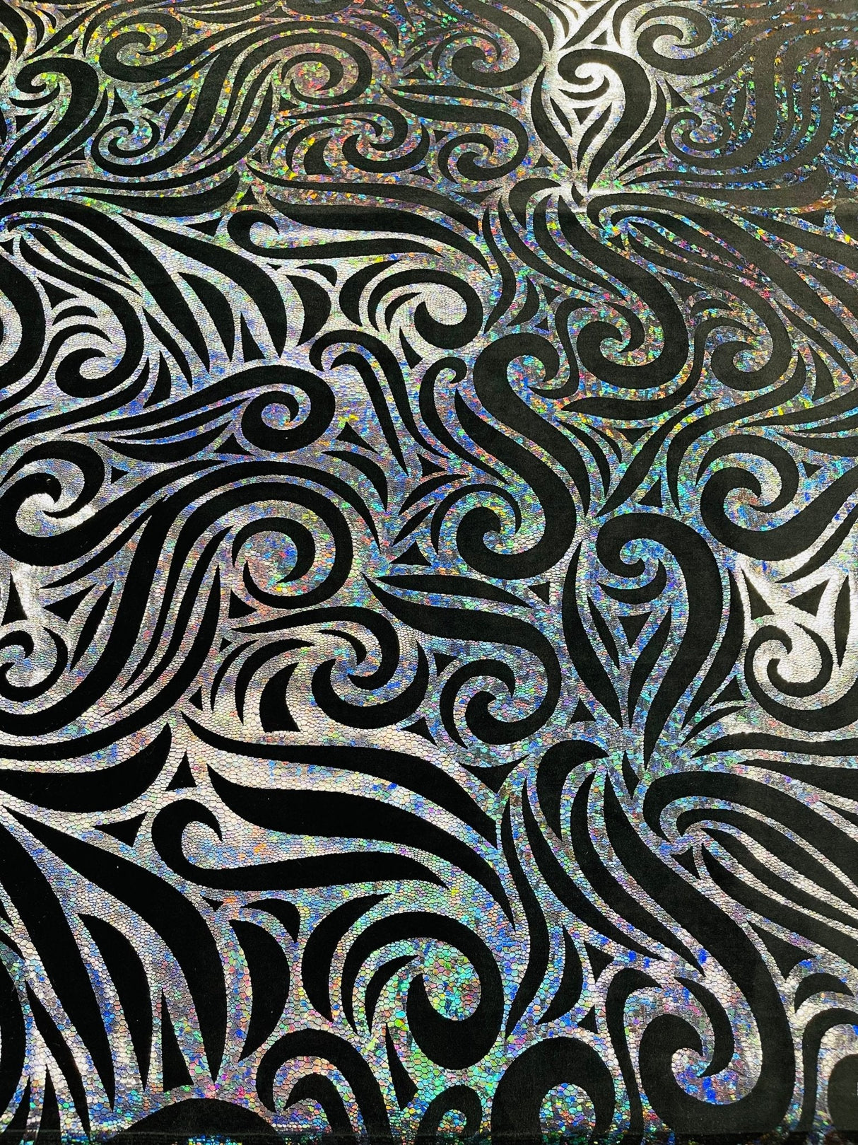 Holographic Foil Tribal Flame Design Stretch Velvet Fabric - Silver/White Tribal Flame Print, 58" Width (1 Yard)