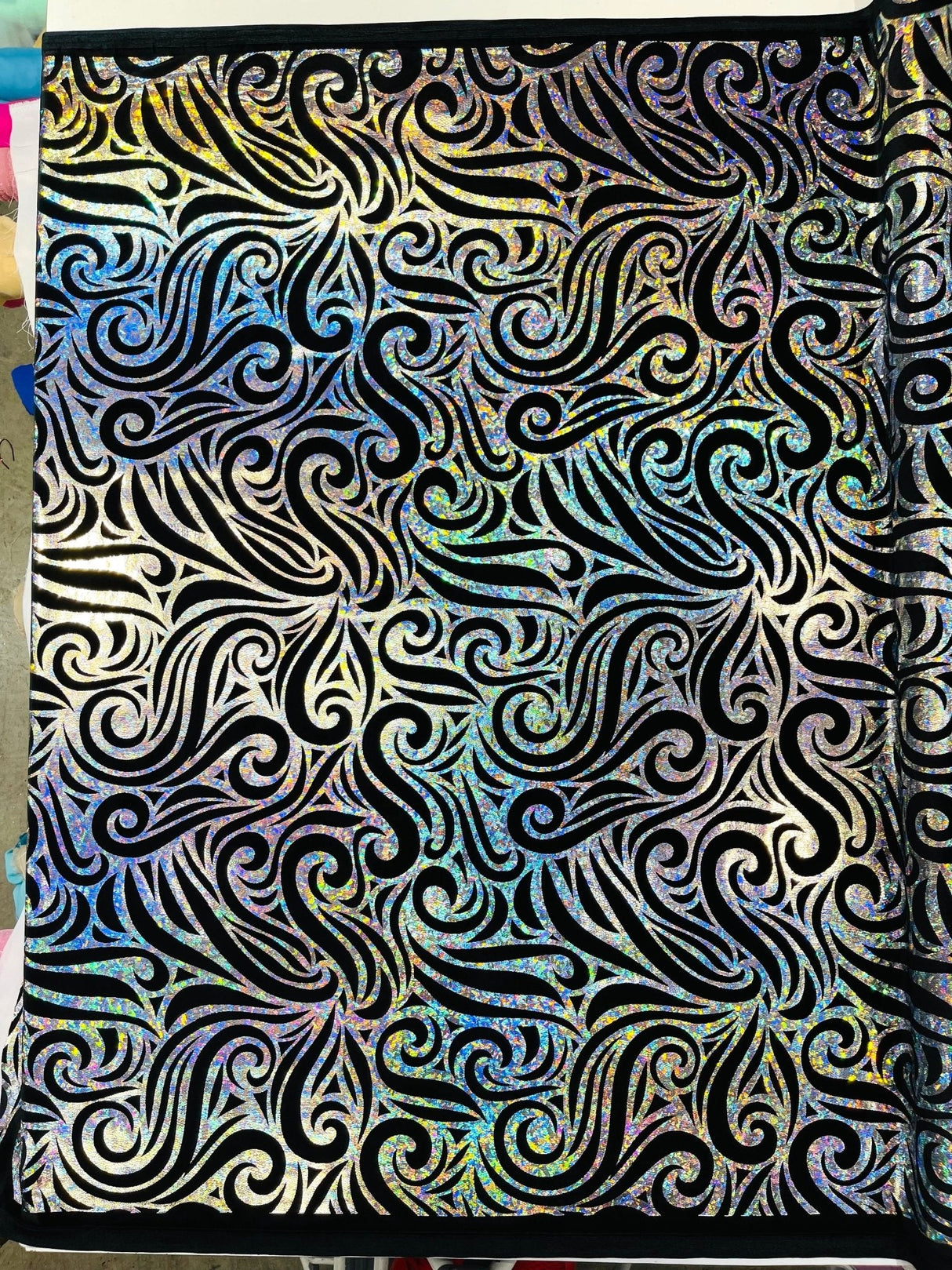 Holographic Foil Tribal Flame Design Stretch Velvet Fabric - Silver/White Tribal Flame Print, 58" Width (1 Yard)