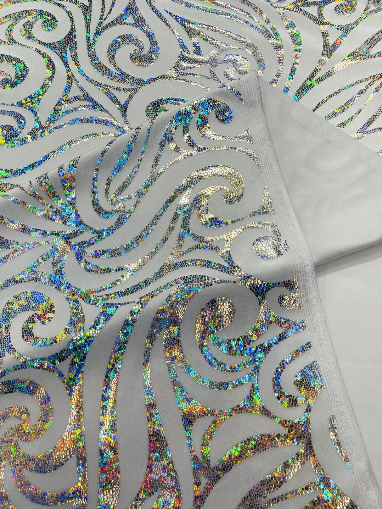 Holographic Foil Tribal Flame Design Stretch Velvet Fabric - Silver/White Tribal Flame Print, 58" Width (1 Yard)