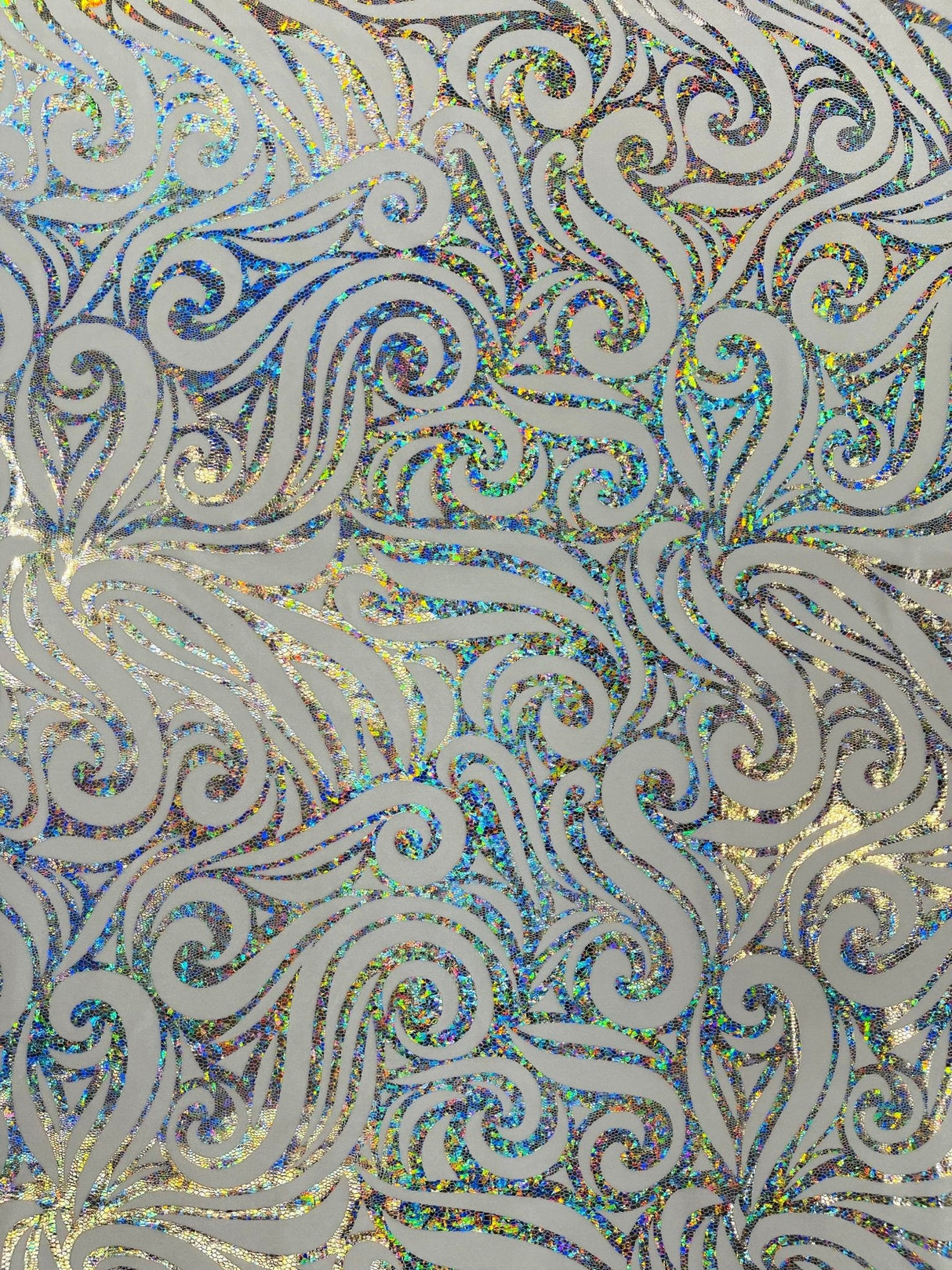 Holographic Foil Tribal Flame Design Stretch Velvet Fabric - Silver/White Tribal Flame Print, 58" Width (1 Yard)
