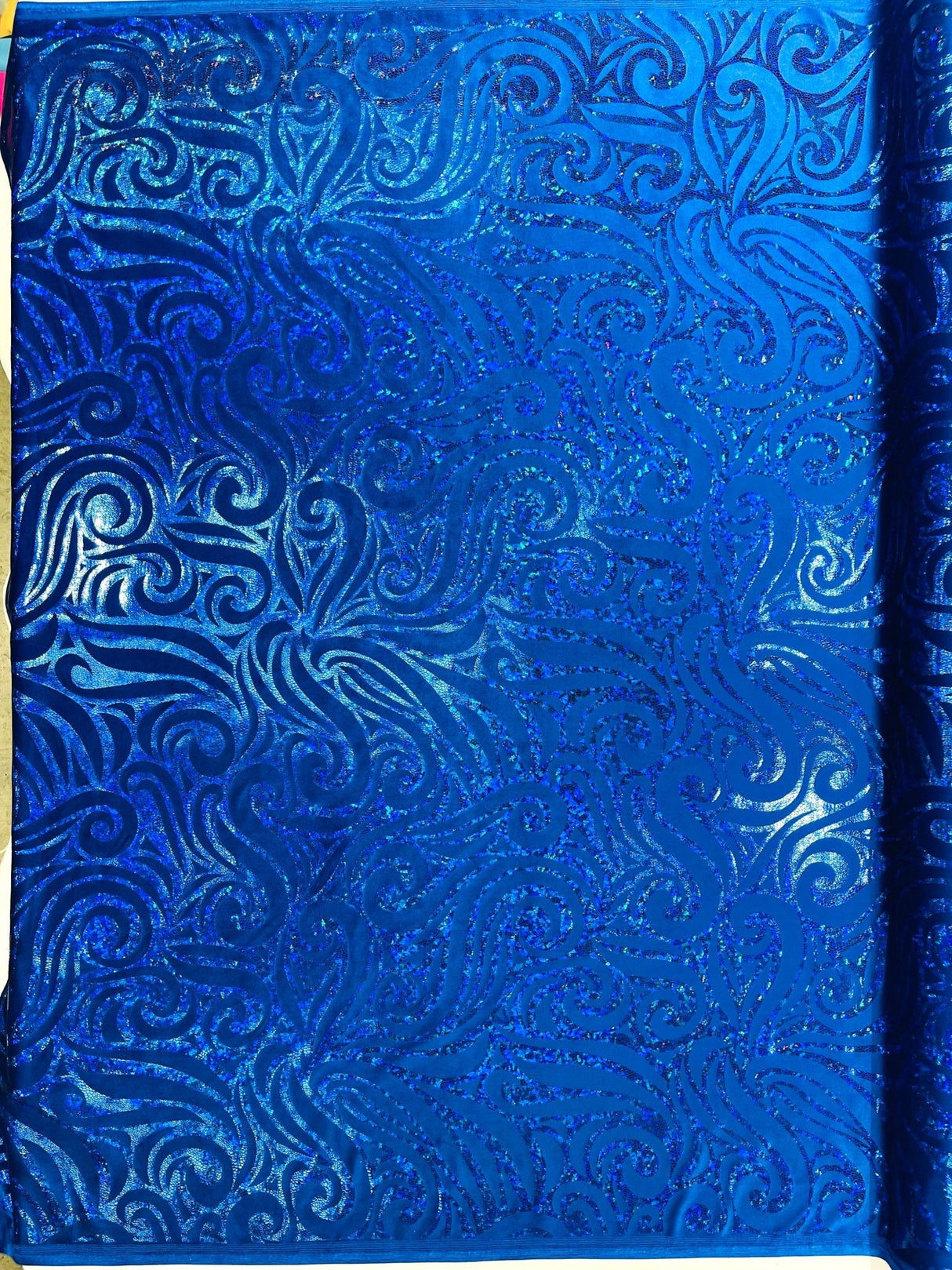 Holographic Foil Tribal Flame Design Stretch Velvet Fabric - Silver/White Tribal Flame Print, 58" Width (1 Yard)