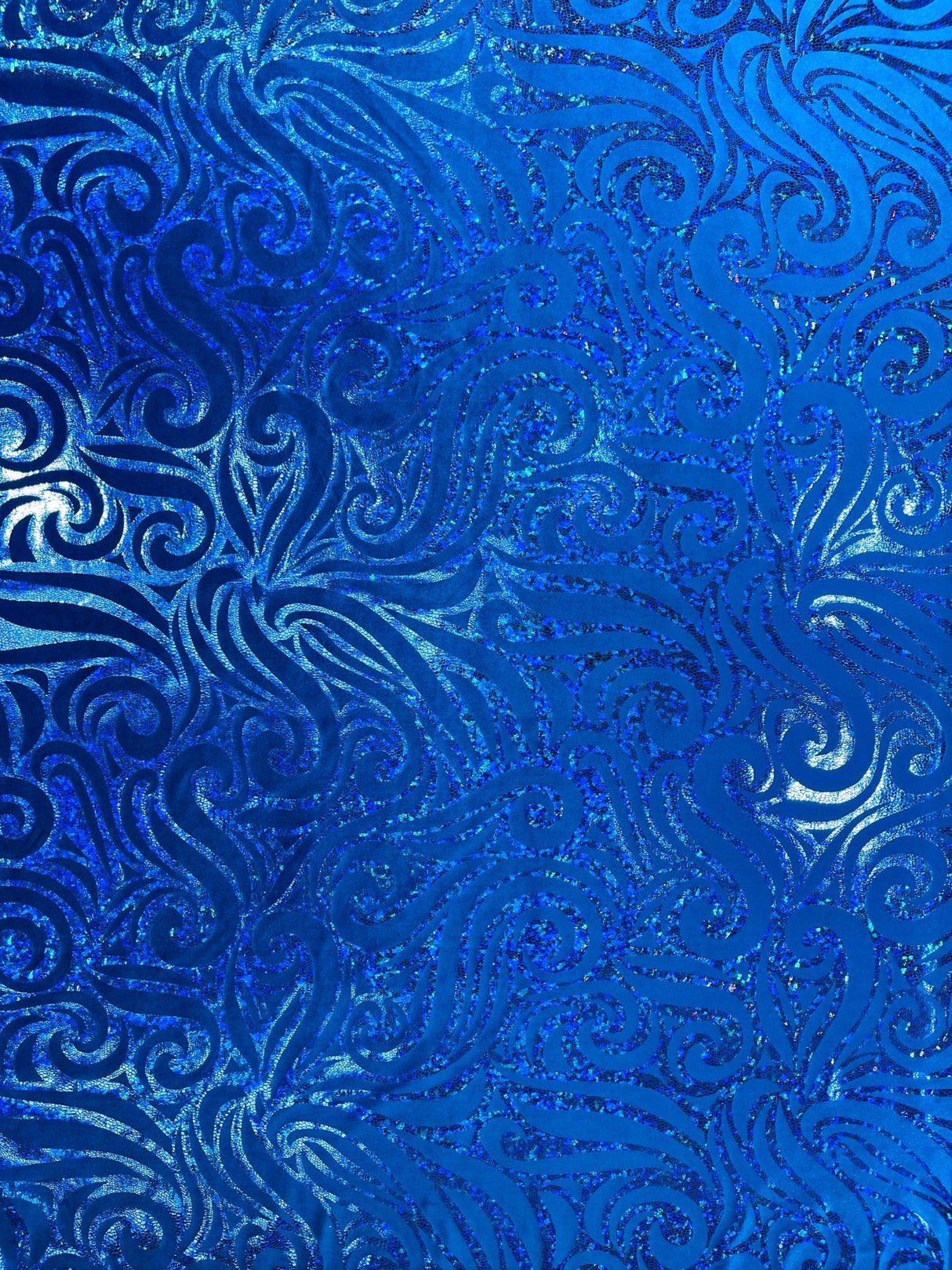 Holographic Foil Tribal Flame Design Stretch Velvet Fabric - Silver/White Tribal Flame Print, 58" Width (1 Yard)