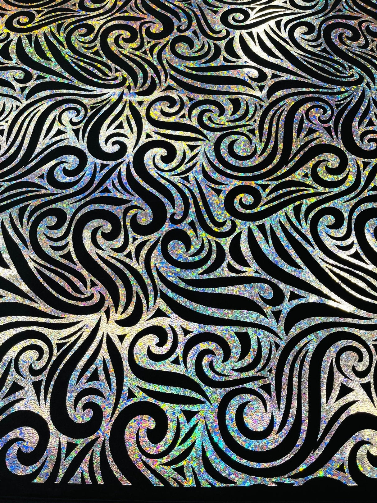 Holographic Foil Tribal Flame Design Stretch Velvet Fabric - Silver/White Tribal Flame Print, 58" Width (1 Yard)