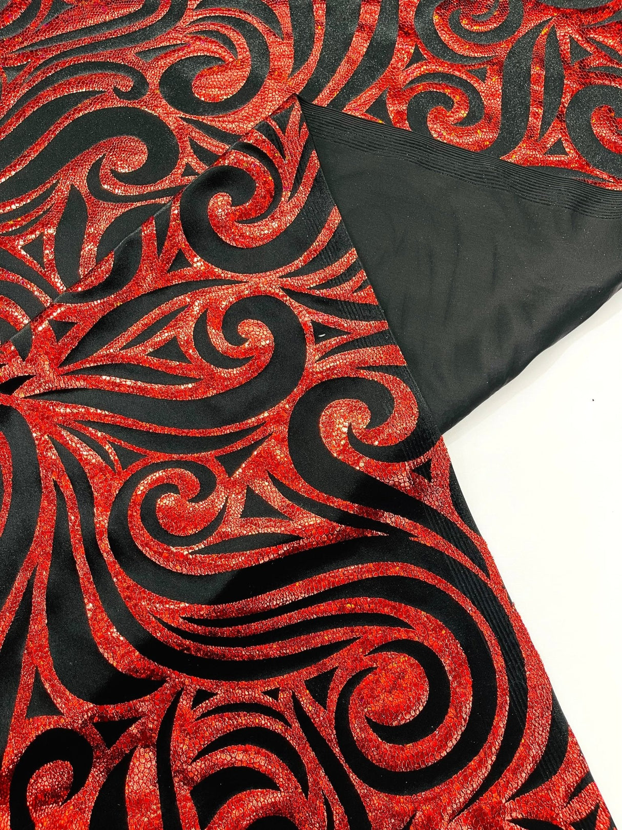 Holographic Foil Tribal Flame Design Stretch Velvet Fabric - Silver/White Tribal Flame Print, 58" Width (1 Yard)