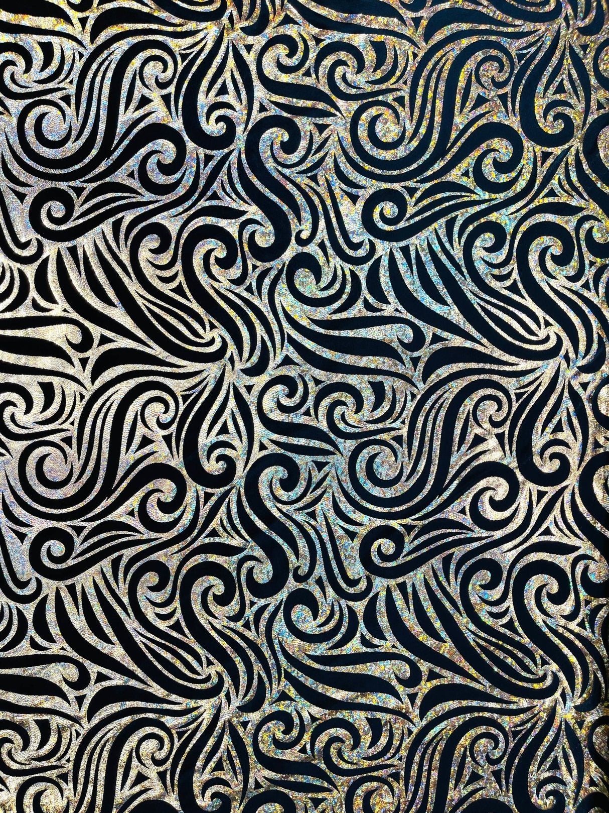 Holographic Foil Tribal Flame Design Stretch Velvet Fabric - Silver/White Tribal Flame Print, 58" Width (1 Yard)