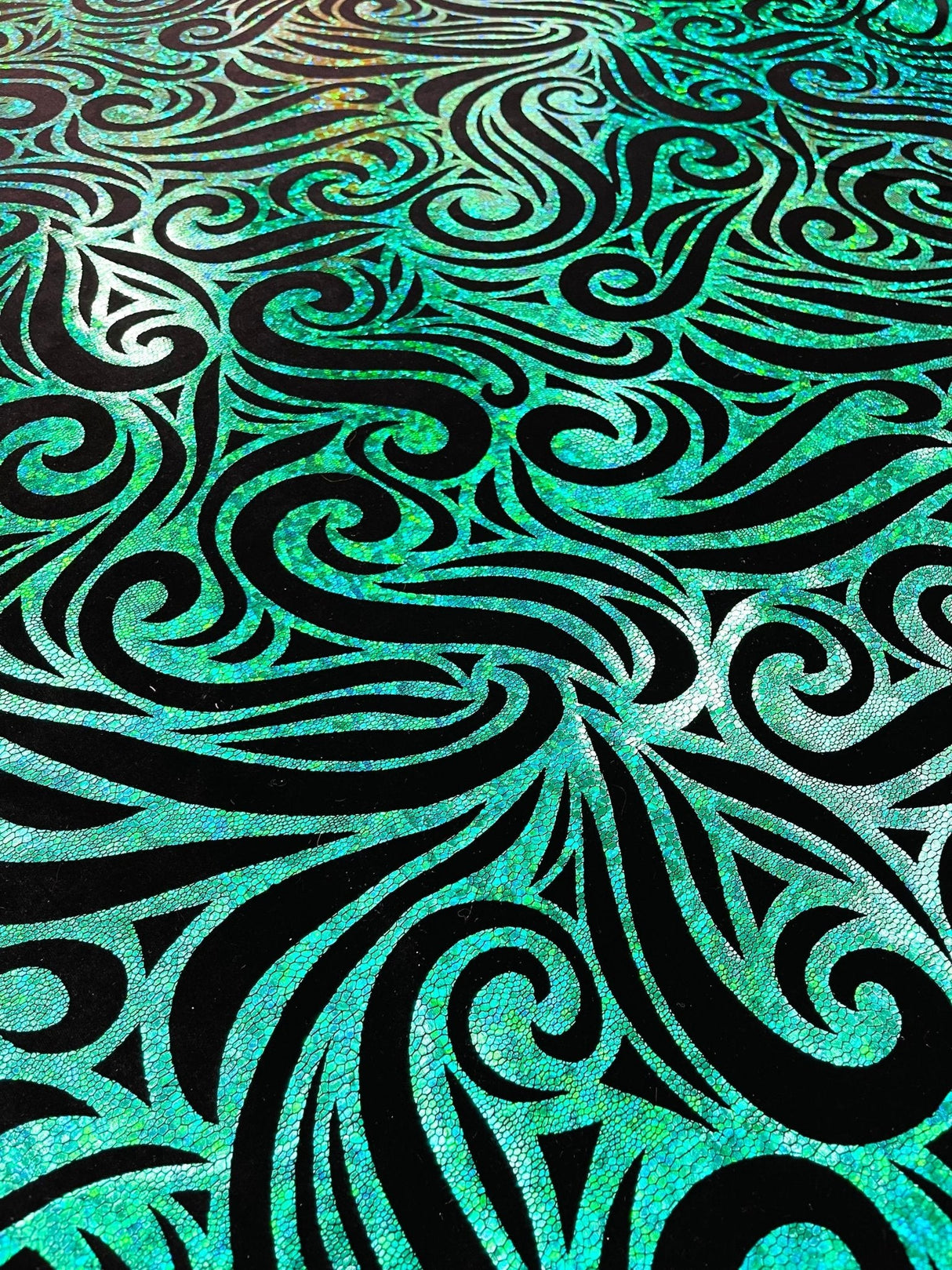 Holographic Foil Tribal Flame Design Stretch Velvet Fabric - Silver/White Tribal Flame Print, 58" Width (1 Yard)
