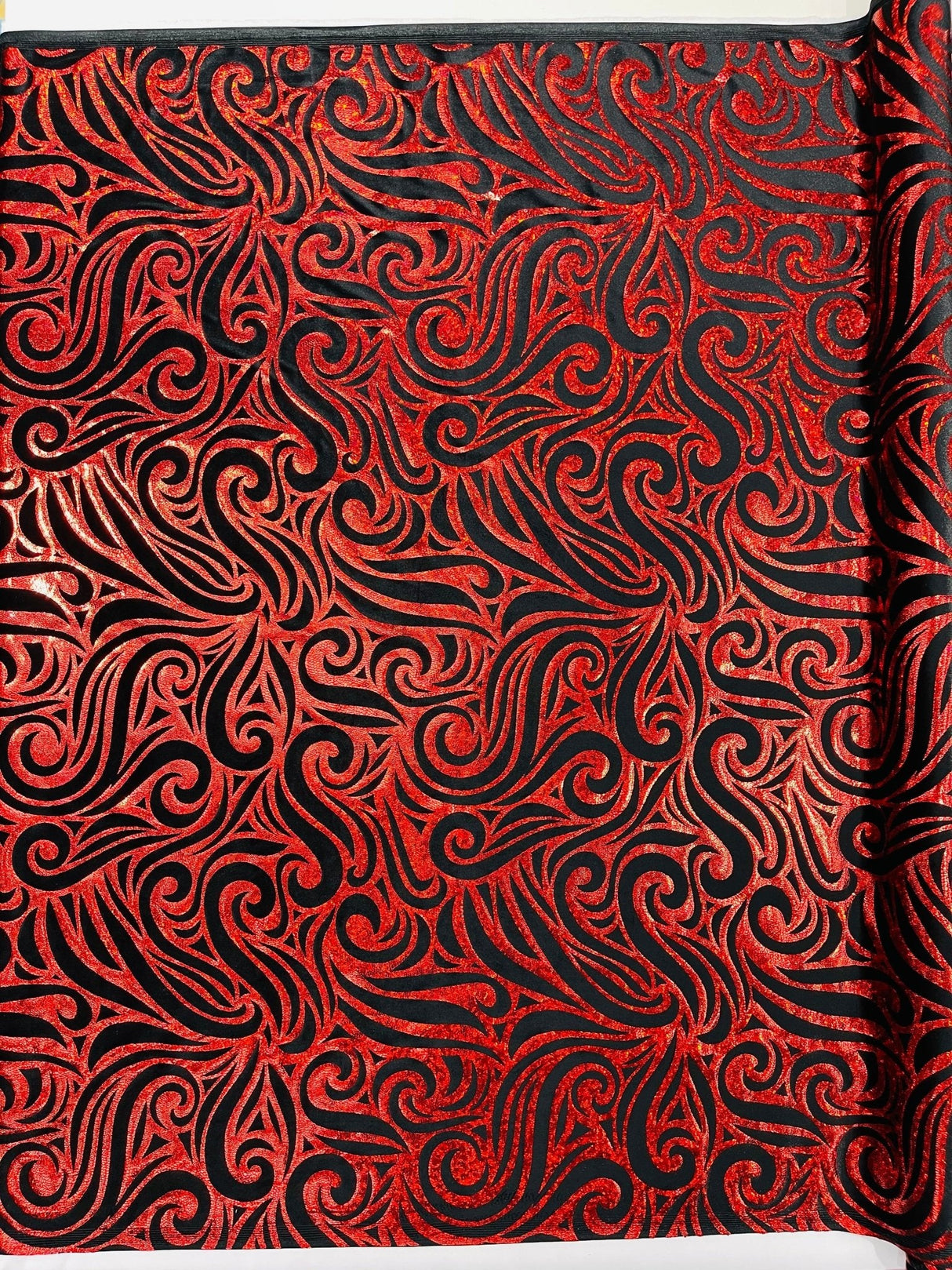 Holographic Foil Tribal Flame Design Stretch Velvet Fabric - Silver/White Tribal Flame Print, 58" Width (1 Yard)